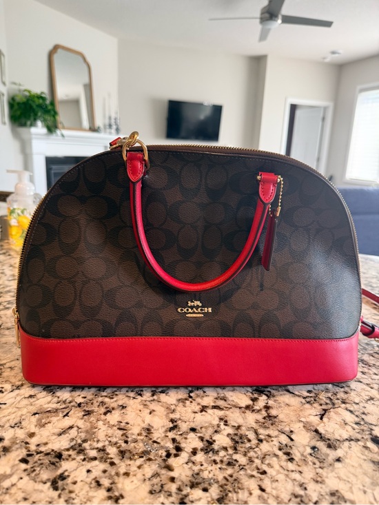 Coach Handbags - Coach Brown Signature Dome Satchel with Red Trim